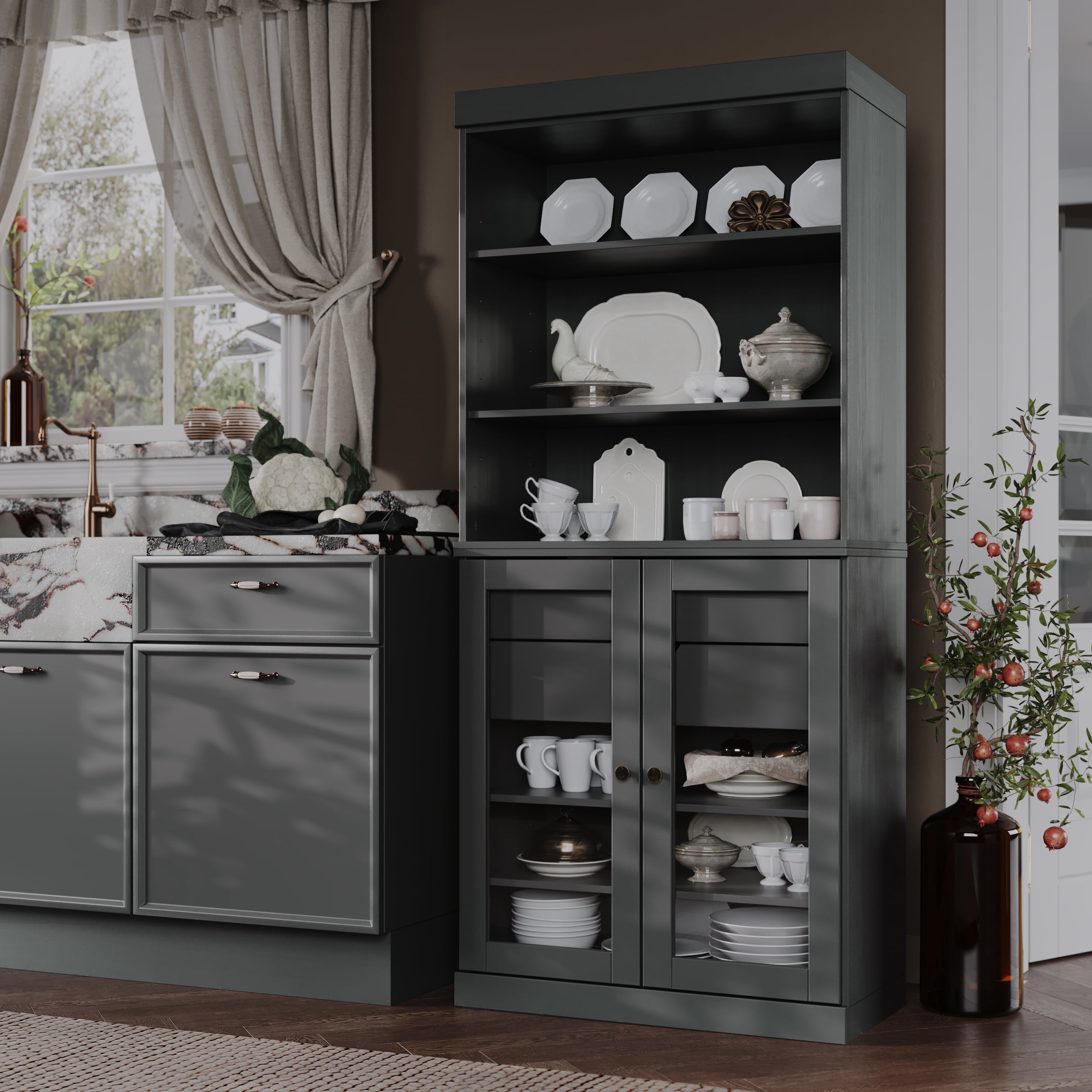 Palace Imports 100% Solid Wood 32" Kitchen Pantry Storage Cabinet with Glass Doors, Adjustable Shelves and 2-Drawers, Gray