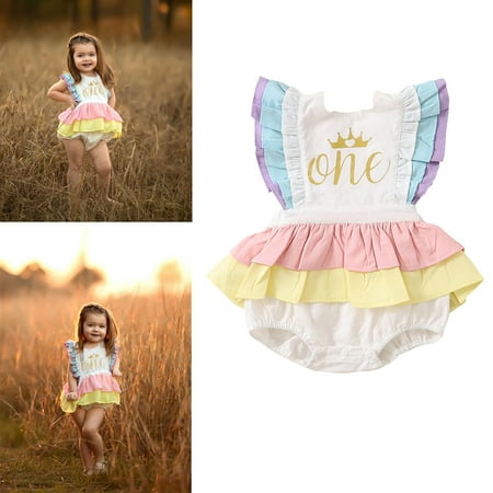 

Kiapeise Baby Girl Birthday Cotton Romper Ruffled Lace Sleeveless Golden Letter Crown Print Jumpsuit Open Back Bow Fluffy Skirt