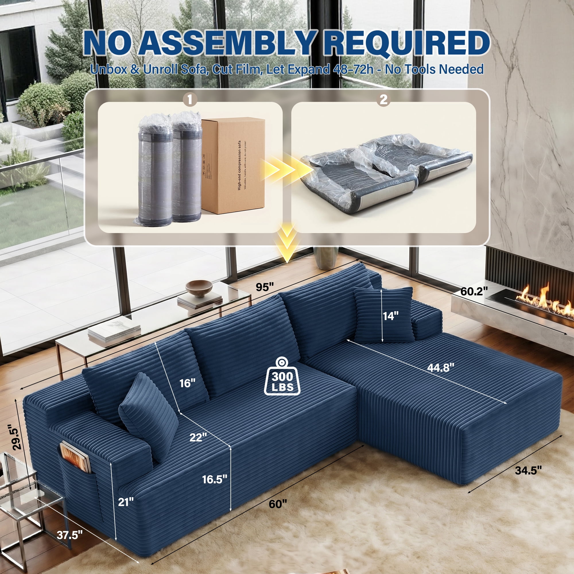 Aukfa 96" Cloud Sectional Couch, Modular L Shaped Boneless Sofa with Right Facing Chaise&2 Storage Pockets, Blue