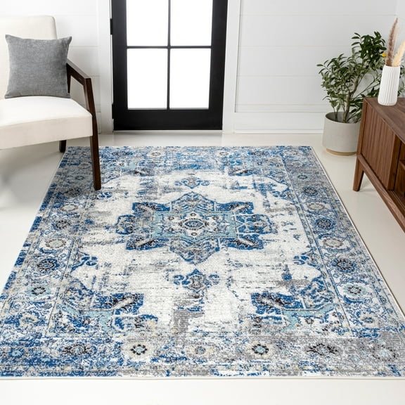 JONATHAN Y MODERN PERSIAN 5 x 8 Area Rug, Boho Vintage Medallion - Ivory/Blue, MDP201A-5