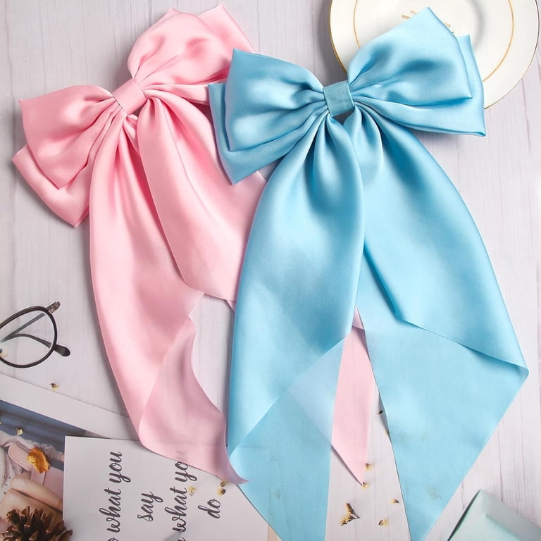 2 X Korea Large oversized silky blue pink bow barrette style snap clip Amazon.com : SUSULU Hair Clip, Pink and Blue Big Satin Bow  main image 4