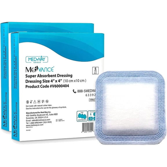 MedVance Super Absorbent Dressing, Non-Adhesive Pads for Wound Care, Pressure Ulcers & 1st/2nd Degree Burns, Superior Moisture Absorption, Box of 10 dressings 4"x4" Bandage, 2.75"x2.75" Pad