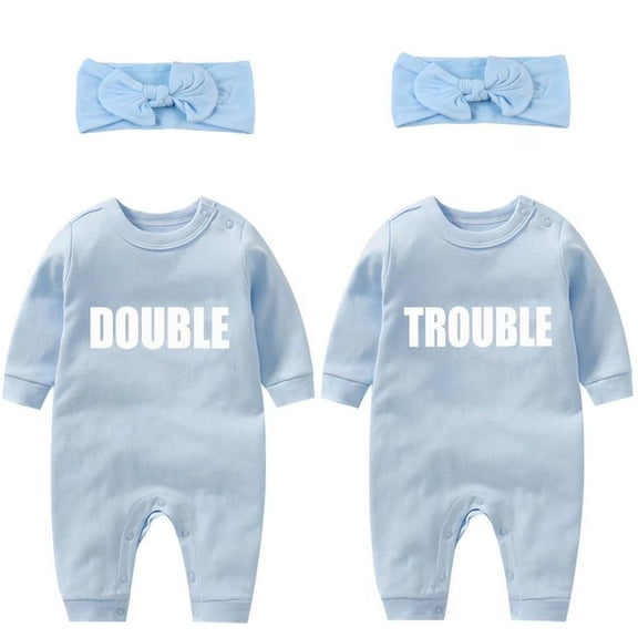 AOUYOA Baby Twins Bodysuits Newborn Baby Outfit with Hair Band Funny Double Trouble Clothing Set with Hat