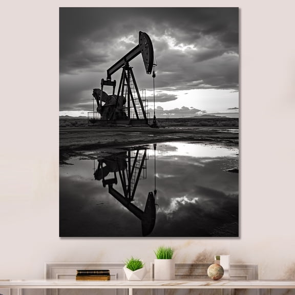 Designart "Monochrome Oil Drilling Rig" Oil Rigs / Fields Wall Art Living Room