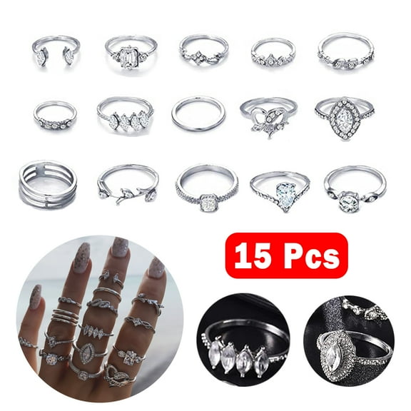 MAINYU 15 Pcs Vintage Knuckle Rings Set Stackable Finger Rings Midi Rings for Women Bohemian Hollow Carved Flowers Gold&Silver Rings Crystal Joint Rings