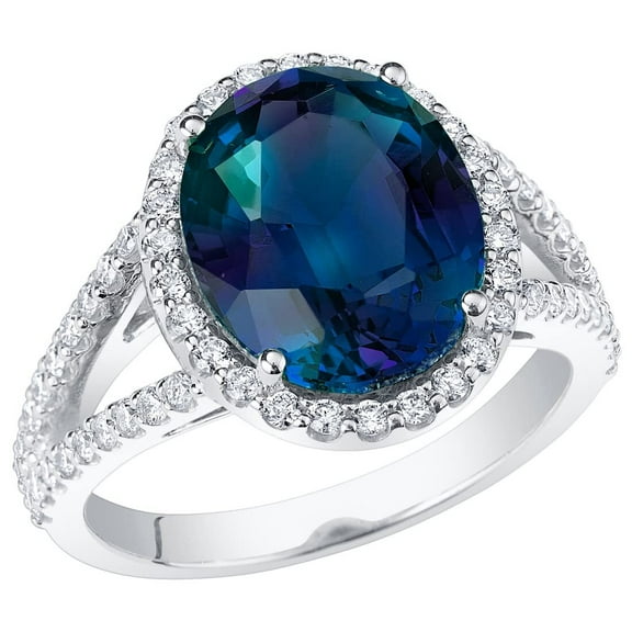 PEORA 6.40 Carats Created Alexandrite Lab Grown Diamond Ring in 14K White Gold, Color-Changing Oval Shape, Size 6.5