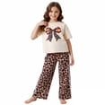 thumbnail image 4 of FYDUU Girls Summer Outfits Set Fashion Leopard Print Bow Short Sleeve T-Shirt Tops And Baggy Pants Two Piece Sets Back To School Clothes 3-4 Years, 4 of 5