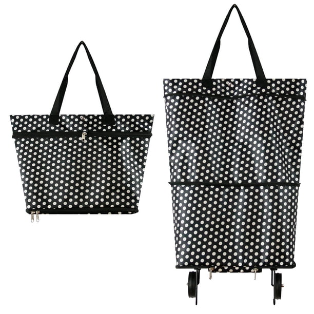 Minnieouse Bolsa con carrito de compras, bolsa de compras plegable multifuncional y resistente al desgaste con ruedas reutilizable Bolsas de mensajero y de hombro Punto blanco grande