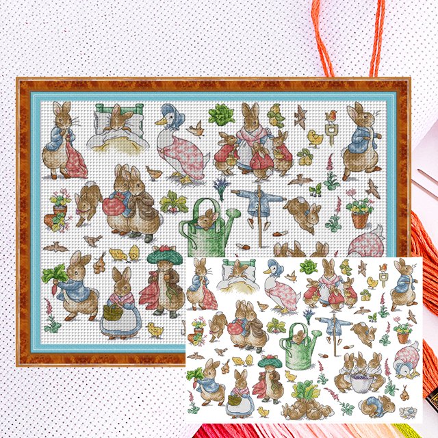 Hilo Algodón Ecológico Bordado Parcial Punto Cruz Conejo Contado 14 Quilates 63x48cm