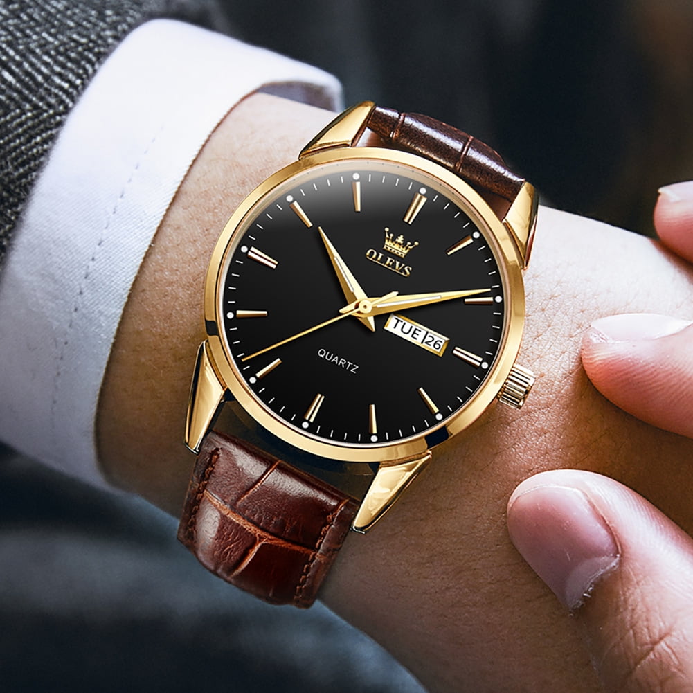 OLEVS Mens Watches,Brown Leather Watch for Men,Gold Plated Case Analog Quartz Fashion Business Dress Watch Luminous Waterproof Casual Male Wrist Watches Reloj para Hombre