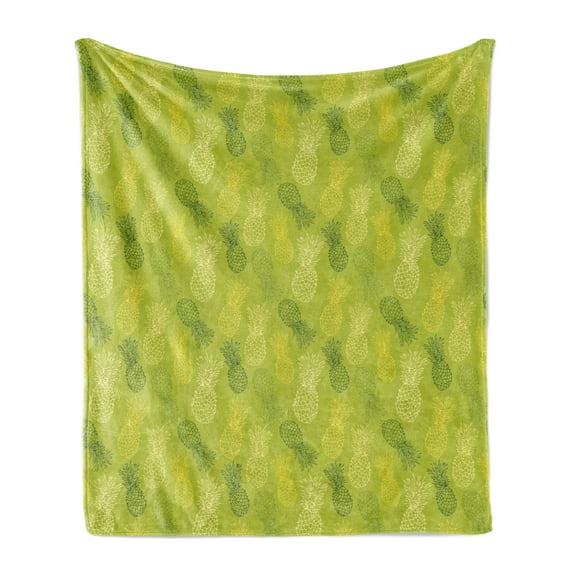 Green Leaf Soft Flannel Fleece Throw Blanket, Hand Drawn Style Exotic Pineapple Fruit Tropical Summer Theme, Cozy Plush for Indoor and Outdoor Use, 50" x 60", Apple Green Fern Green, by Ambesonne