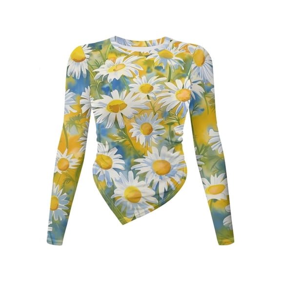 Xoenoiee Daisy Flower Print Women's Long Sleeve T Shirts Crew Neck Slim Fit Tops Dressy Ruched Basic Tee Y2k Going Out Shirts Irregular Hem Blouser, Size S