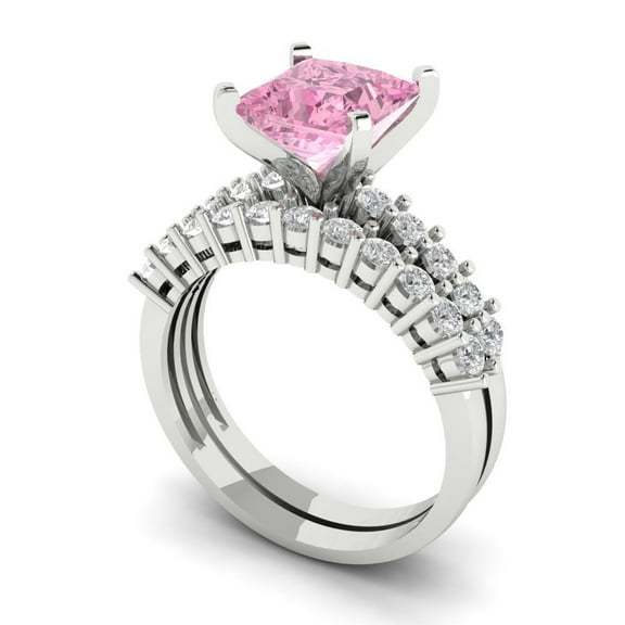 2.66 ct Brilliant Princess Cut Pink Zircon 14k White Gold Solitaire with Accents Engagement Bridal Wedding Ring Band Set size 6.25