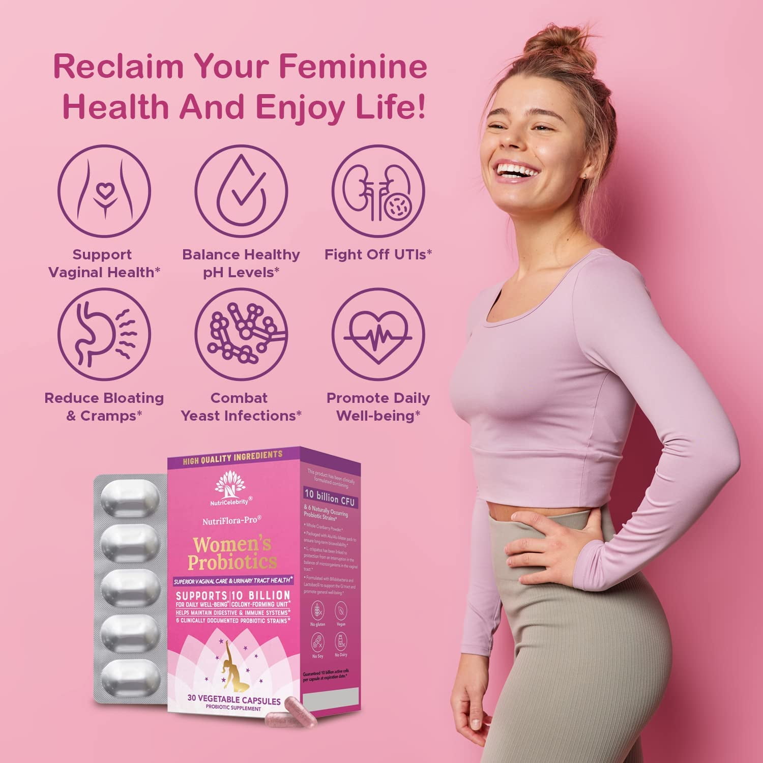 NutriCelebrity NutriFlora-Pro Probiotics for Women - Support Vaginal, Urinary Health (UTI), Digestive System, Period Pain, Yeast, and BV Relief, Cranberry Pills, 10 Billion CFU 6 Strains 30 Cap 2 Pack