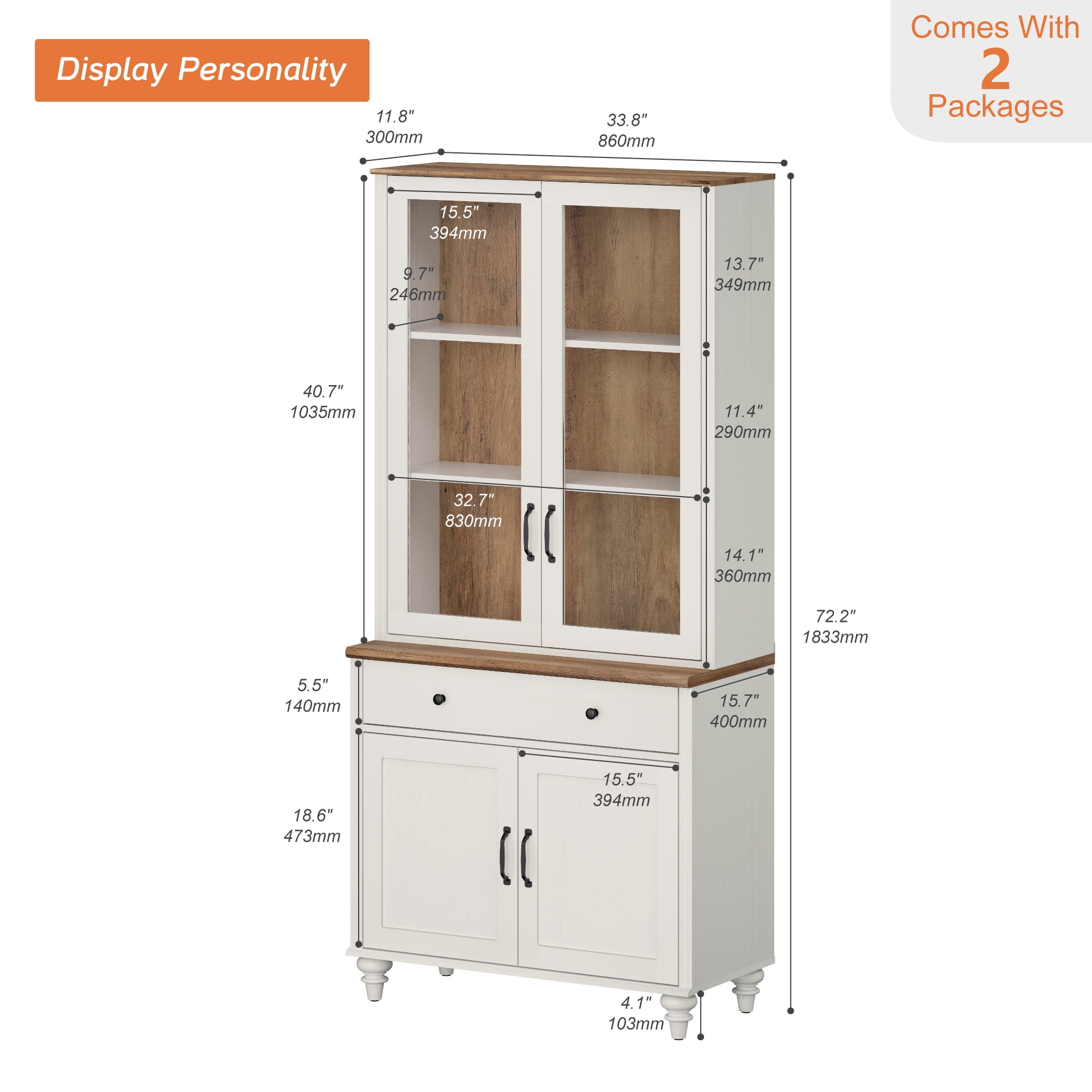 72"H × 34"W 5-Tier Farmhouse Wooden Library Bookcase with Glass Doors & Spacious Storage Cabinet, Freestanding Bookshelf for Living Room, Office & Kitchen, White