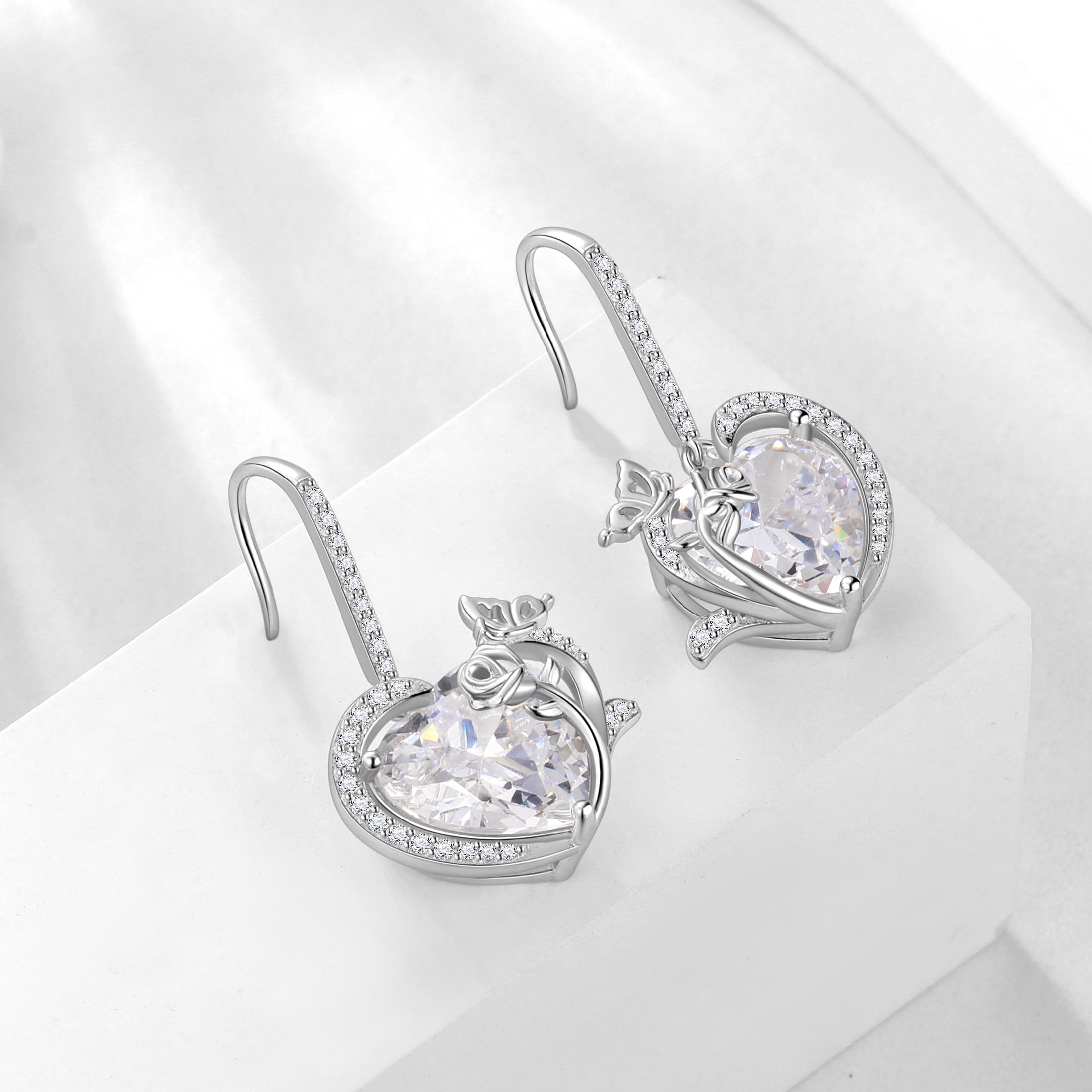 Juwaliy Women Drop Earrings April Birthstone Heart Diamond CZ Wedding Bridal Jewelry Butterfly Rose Flower 925 Sterling Silver Hook Mother Birthday Gift for Her