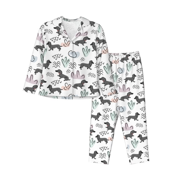 Balery Dachshund Dog Puppy Conjunto de Pijama con Estampado para Mujer, Conjunto de Dos Piezas con Manga Larga, Ropa de Dormir Suave con Bolsillos, Pijamas Cómodos-X-Large