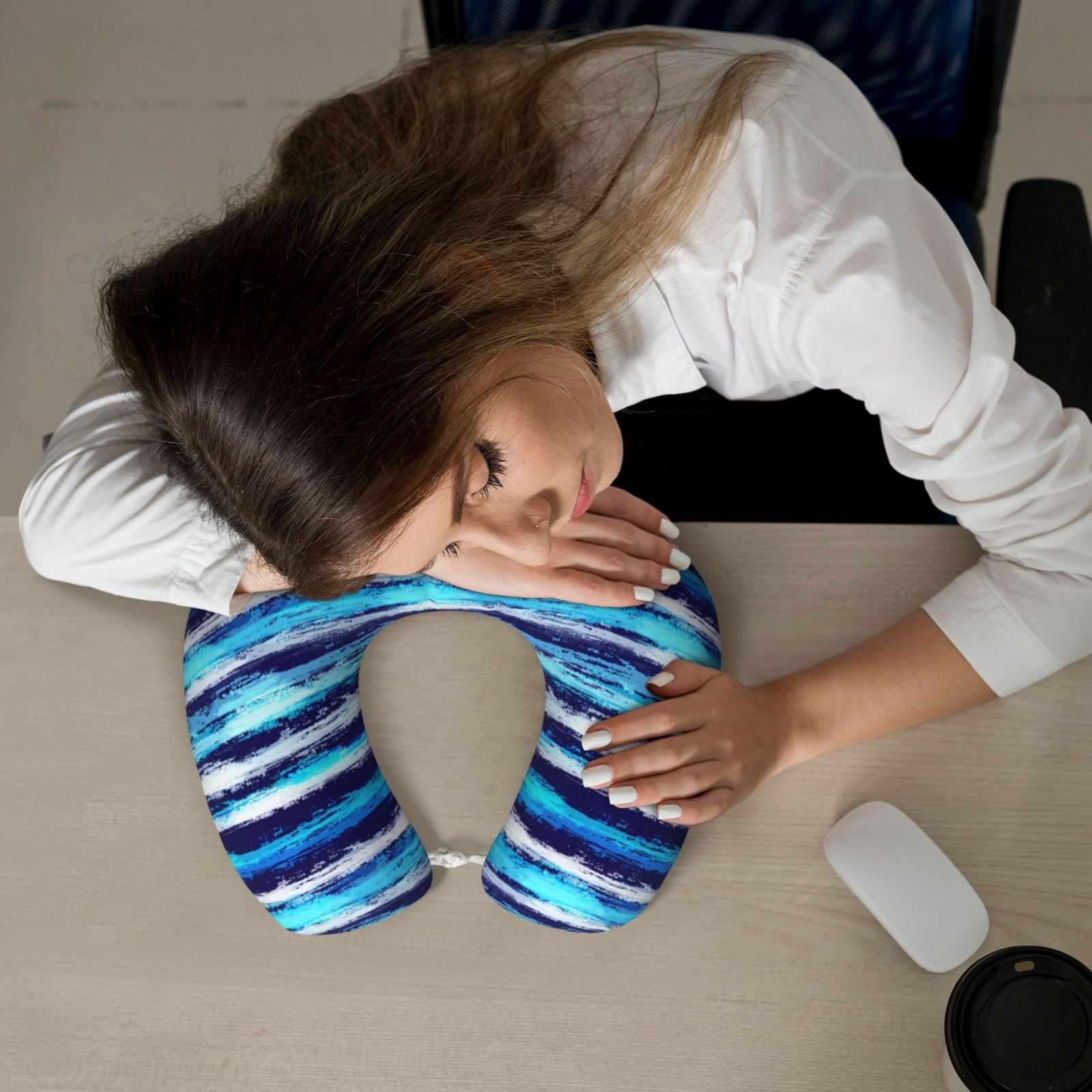 Xecao Ice Blue Stripes Print Memory Foam Cervical Neck Pillow Versatile U-Shaped Pillows for Home,Office,Camping,Travelling,Soft Washable Cover