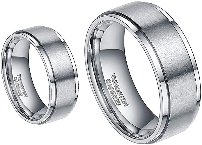 His & Her's 8MM/6MM Tungsten Carbide Beveled Edge Brushed Center Wedding Band Ring Set