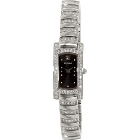 Bulova Womens Crystal Stainless Steel Case and Bracelet Black Dial Silver Watch - 96L202