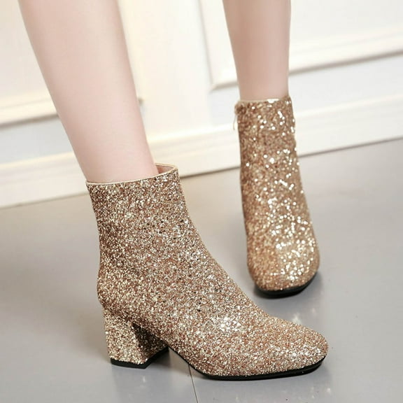 Women's And Winter Sequins Thick High Heels Zippered Short Boots Boots Bare Boots
