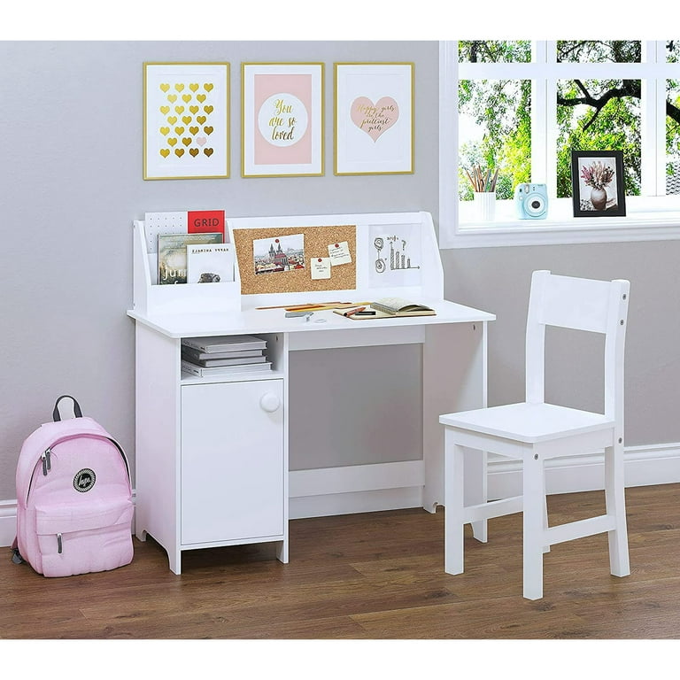 Shininglove Kids Desk, Wooden Study Desk and Chair Set for Children,  Writing Desk with Storage for 3-8 Yrs Boys Girls,White 