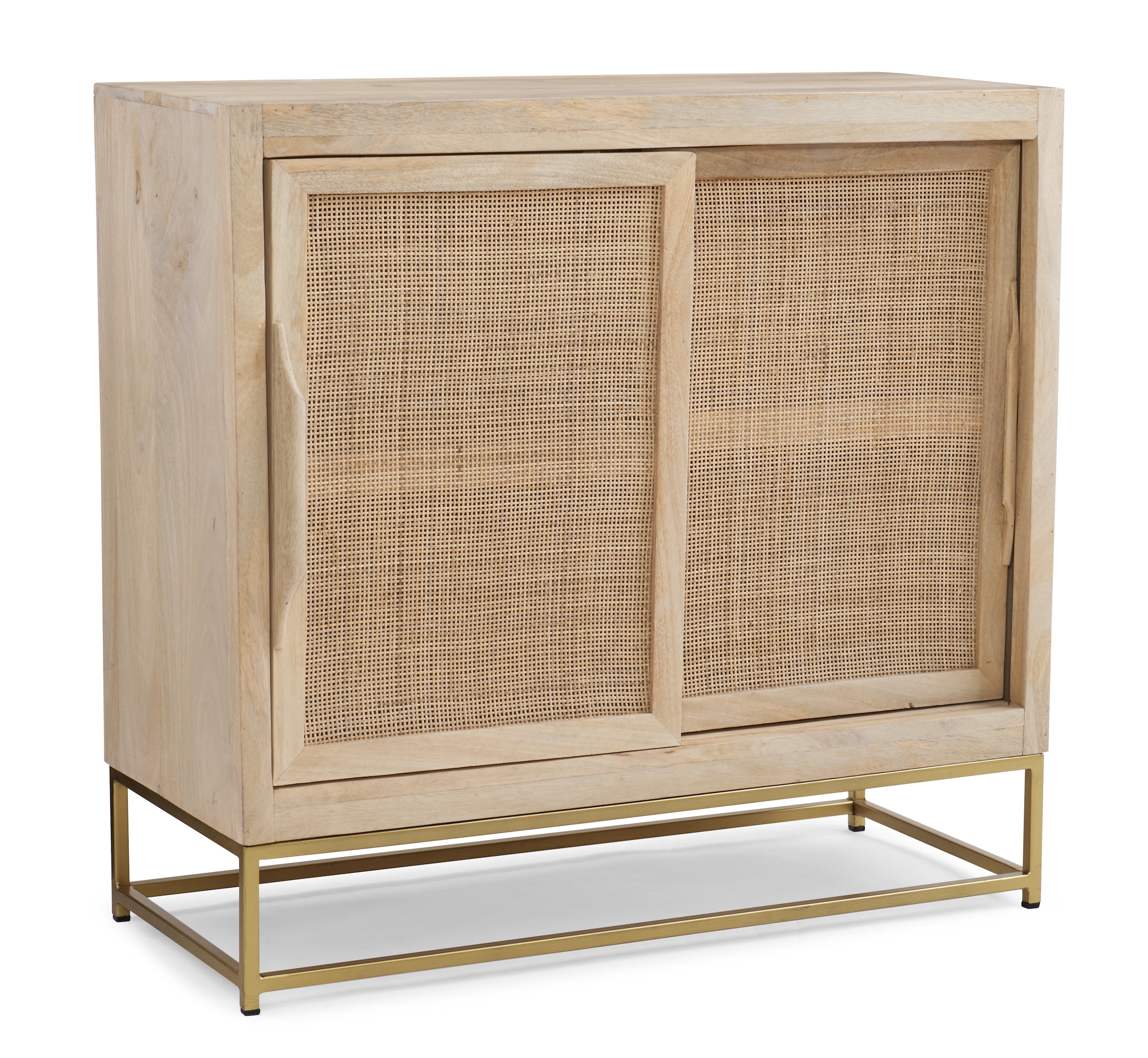 Blair Rattan Sliding Doors Cabinet with Shelves, Natural and Gold
