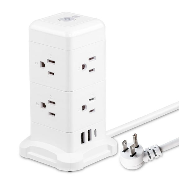 BEISHINK 8 Export Tower-Type Surge Protector with Night Light Function, Equipped with 3 USB Ports, 6.5FT Extension Cable, White Color