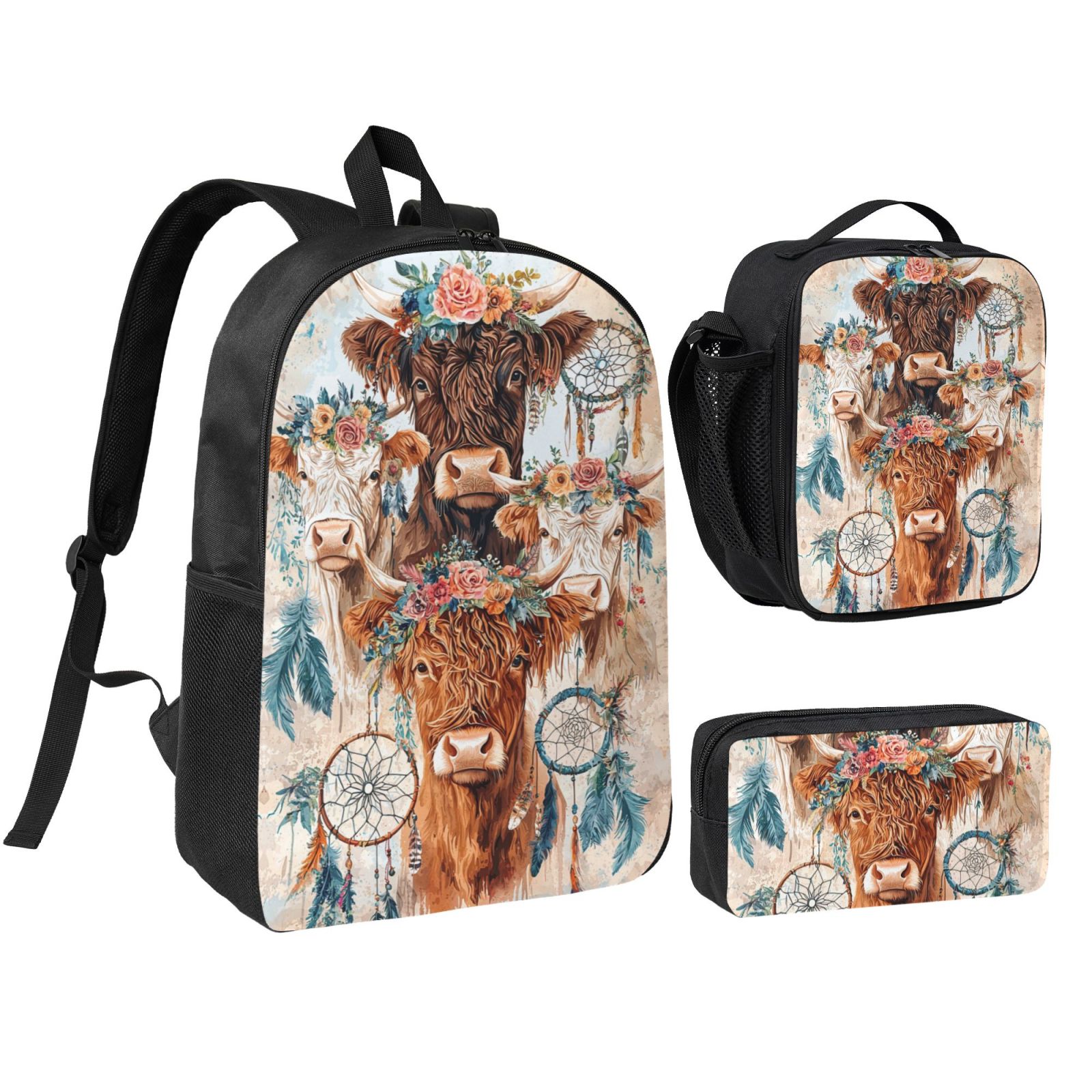 Highland Cow 3 Piece Backpack Casual Multifunction Travel Backpacks 17"