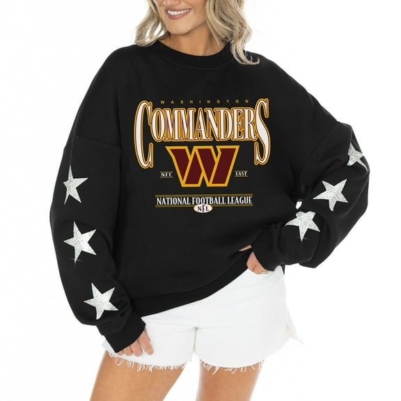 Women's Gameday Couture Black Washington Commanders Rhinestone Star Sleeve Settle the Score Oversized Tri-Blend Pullover