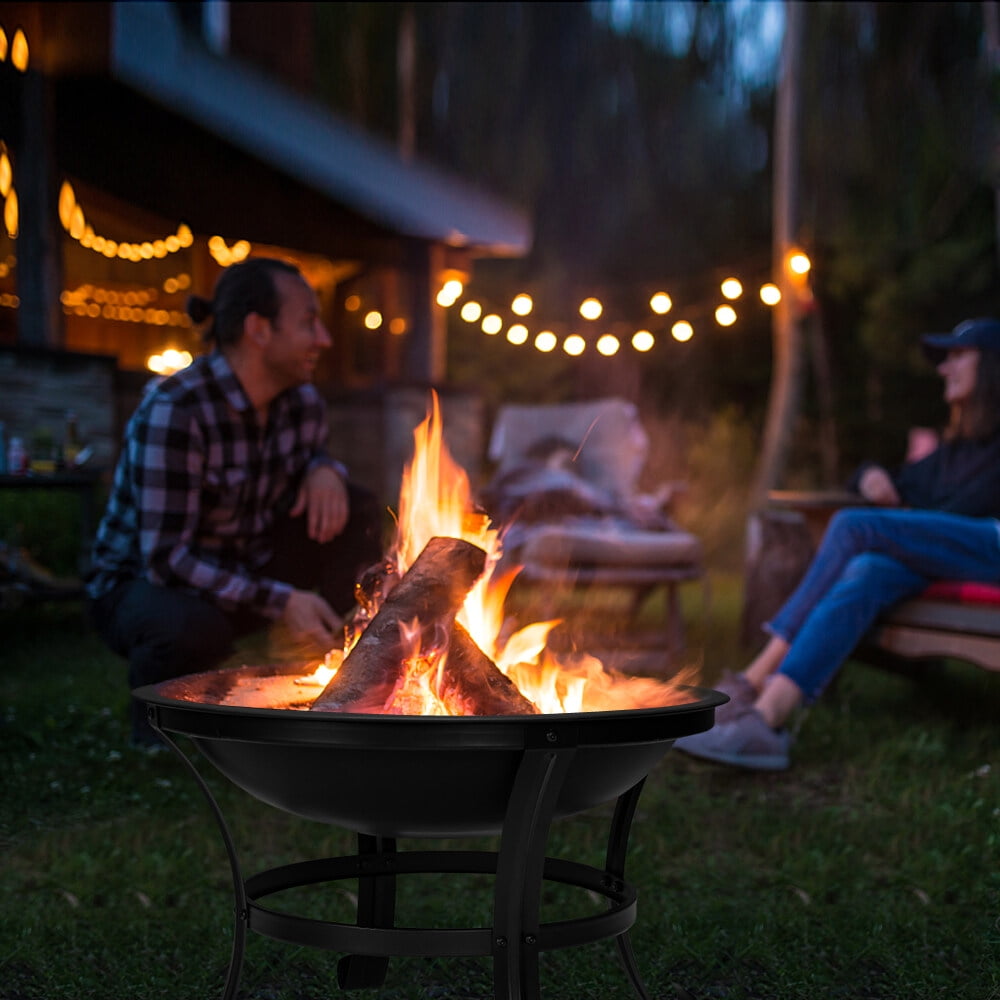 Spaco 22" Curved Feet Iron Fire Pot with Spark Screen, Fire Pit with Heat-resistant Iron Construction for Outdoor Parties, Black