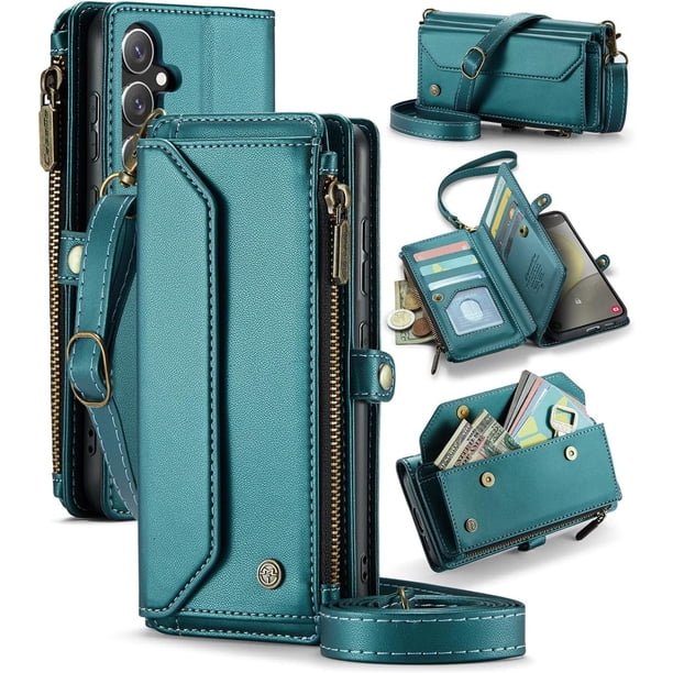 Estuche tipo Billetera Compatible con Samsung Galaxy S24 Plus Estuche para Teléfono con Bolsillo con Cremallera y Correa Magnética para el Hombro con Cierre a Presión de Cuero PU
