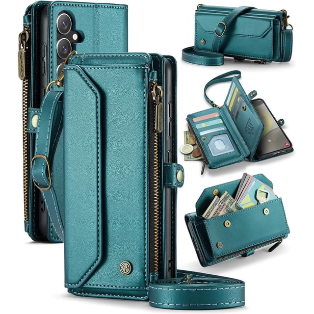 Estuche tipo Billetera Compatible con Samsung Galaxy S24 Plus Estuche para Teléfono con Bolsillo con Cremallera y Correa Magnética para el Hombro con Cierre a Presión de Cuero PU