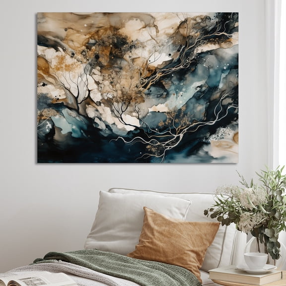 DESIGN ART Designart "Blue Beige Marbled Dreamscape Iv" Modern Geometric Wall Decor 44 in. wide x 34 in. high