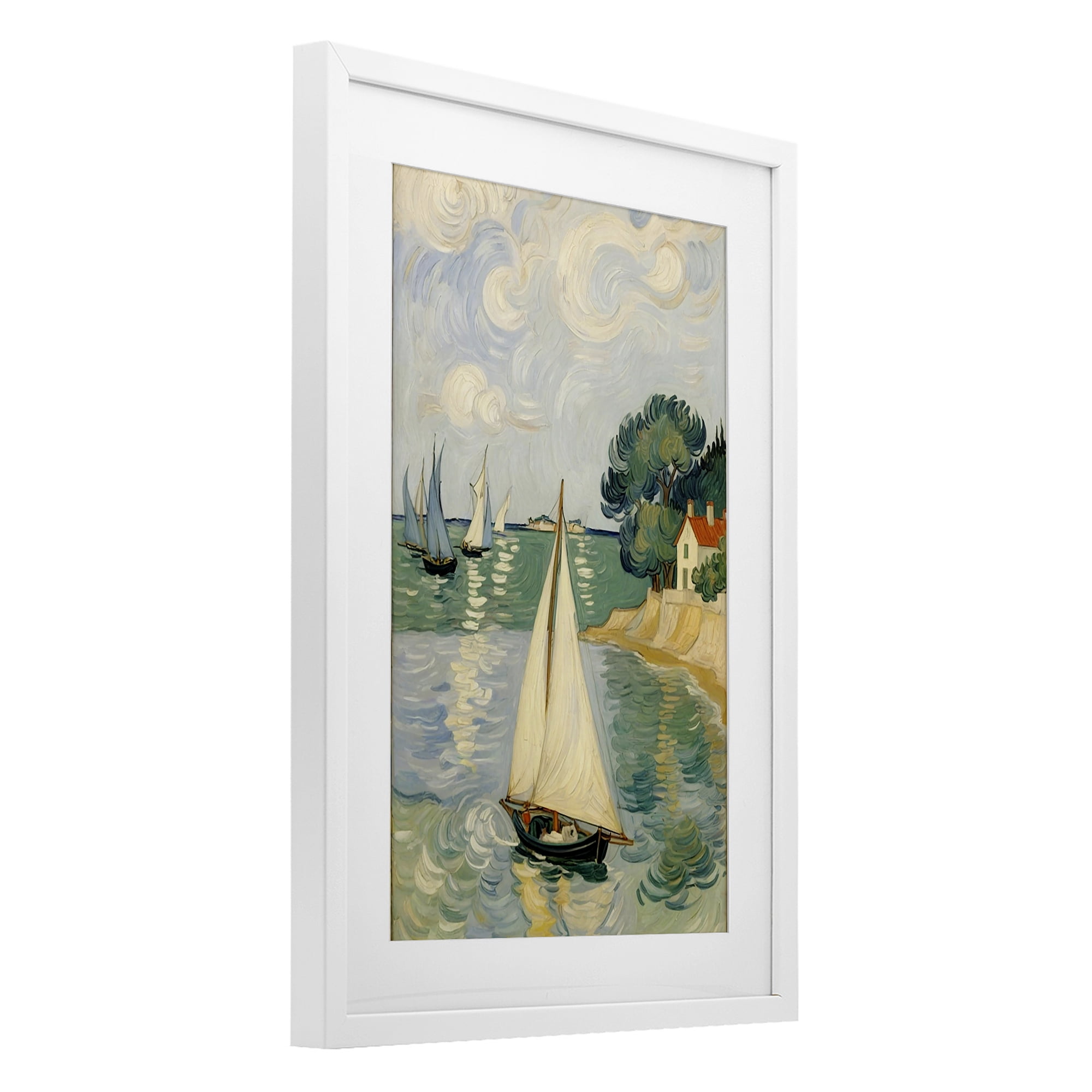 Stupell Industries Coastal Sailboats Under Swirling Clouds White Framed Print Under Glass, design by Angie Hawke