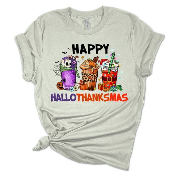 Womens Festive Holiday Tshirt Happy Hallowthankmas Funny Short Sleeve T-shirt-Athletic Grey-5xl