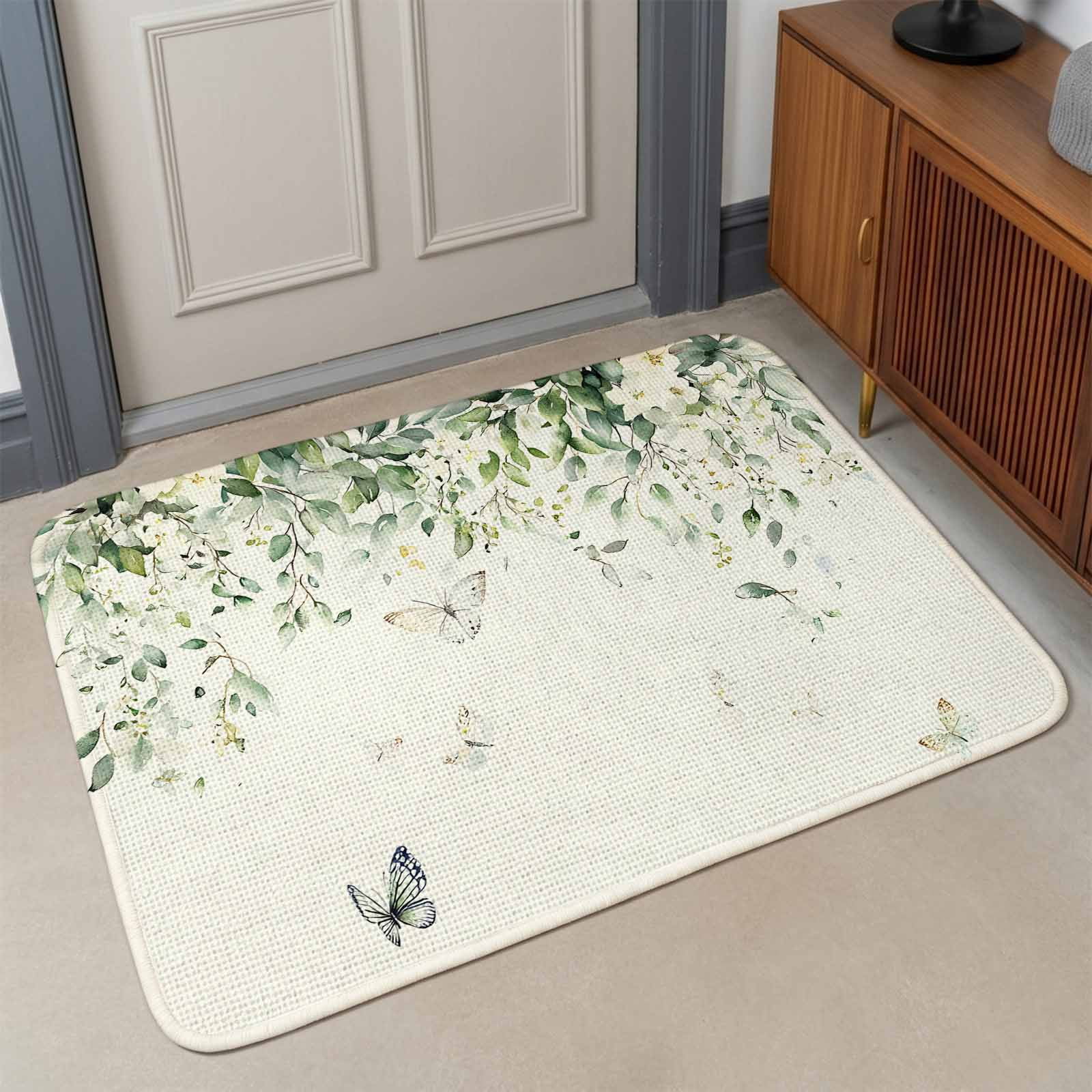 Small Door Mat Indoor Outdoor 15.7"x23.6",Eucalyptus Absorbent Non Slip Entry Rug,Butterfly Sage Green Leaf Farmhouse Plant Low Profile Welcome Mat for Front/Side Door Apartment Entrance Bathroom
