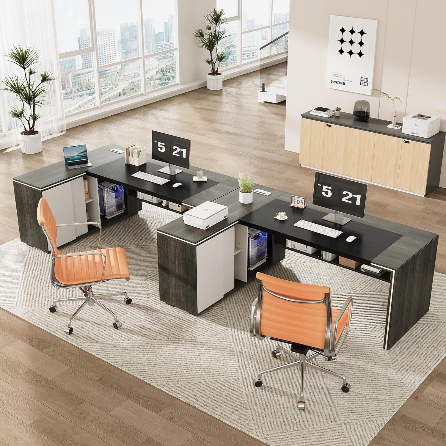 Vividwood L-Shaped Executive Desk with Cabinet Storage, 71" Office Computer Desk with Storage Shelves, CPU Stand, Cable Management (Gray)