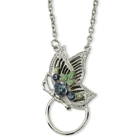 Leather Glasses Holder Necklace Silver Tone Butterfly Enameled Flower Eyeglass Holder 28 Inch Chain Necklace Woman Reading Personal Glass Eyewear Pendant Charm Gifts For Women For Her ()