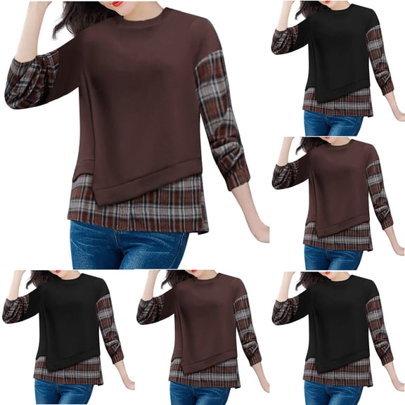 Agkizg Womens Fall Clothing Plus Size Womens Tops Long Sleeve Blouses Two-Piece Look Crew Neck Long Sleeve Pullover Hoodie Top for Fall Winter Daily Wear L