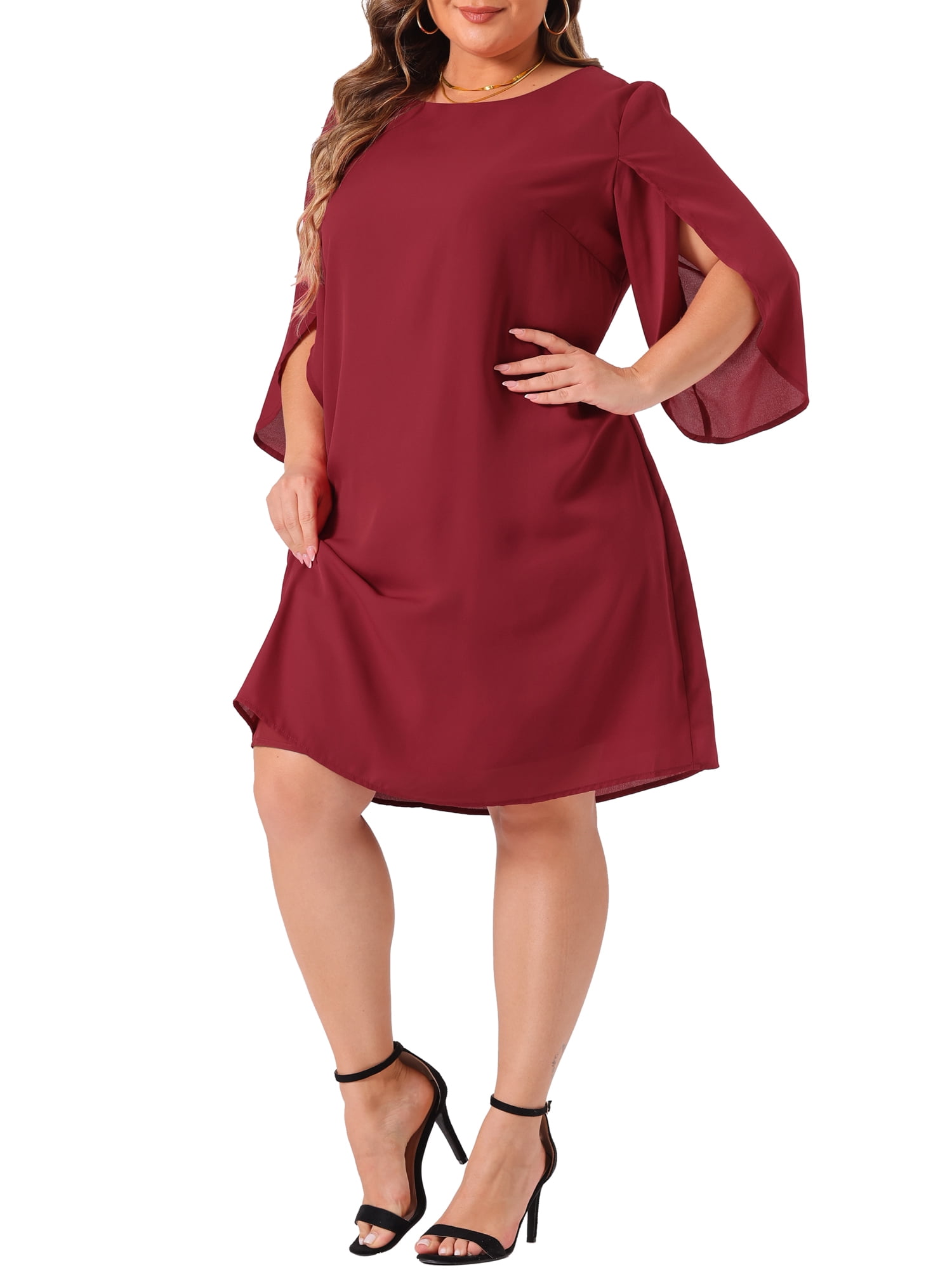 DARING DIVA Plus Size Chiffon 3/4 Flutter Sleeve Crew Neck Cocktail Dress 3X Burgundy