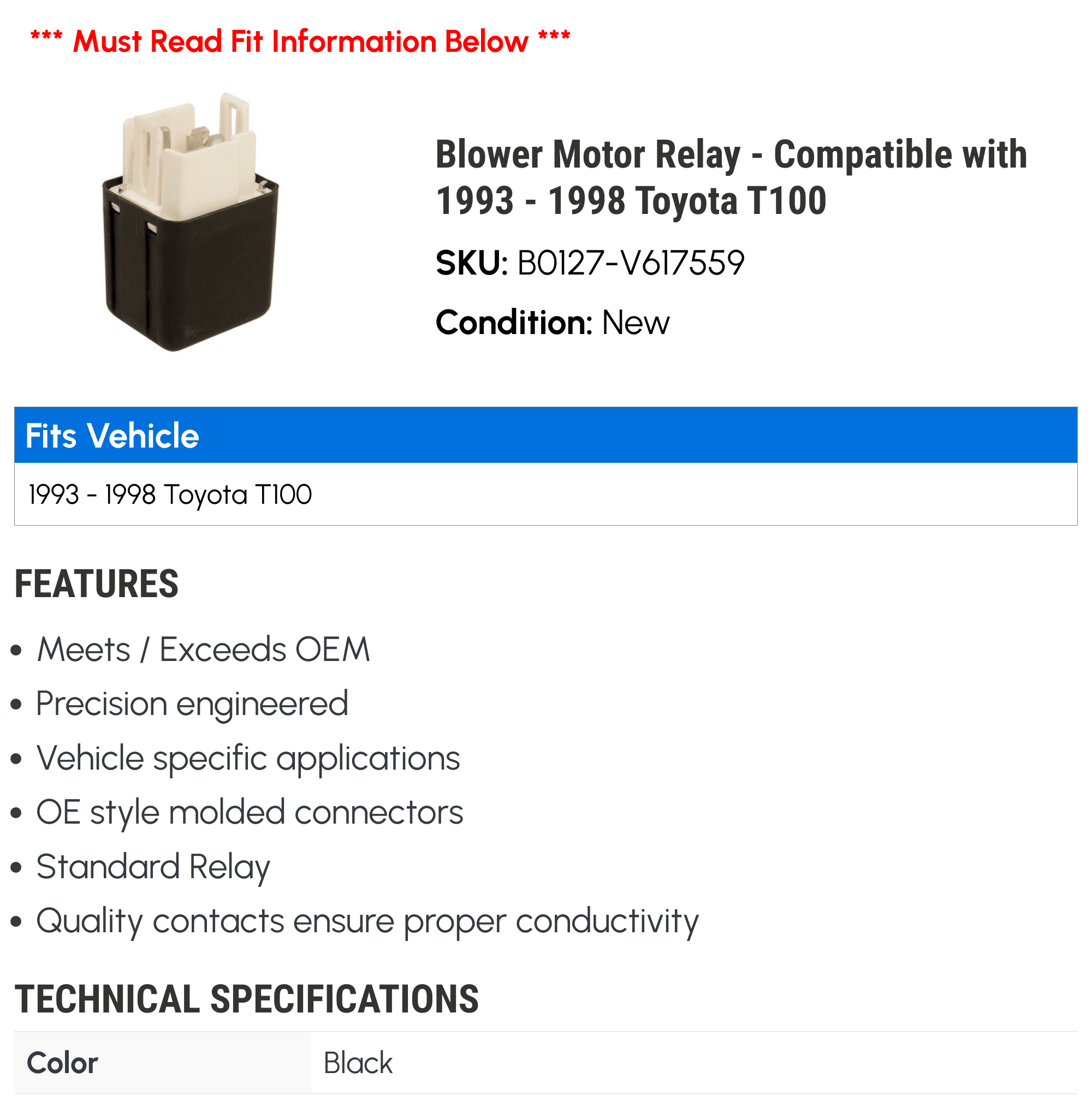 Blower Motor Relay - Compatible with 1993 - 1998 Toyota T100 1994 1995 1996 1997