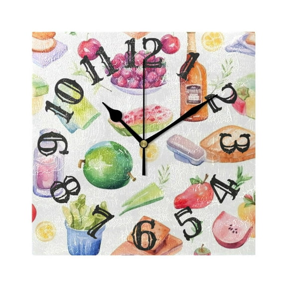 Vegetables Drink Bread Fruits Wall Clock Square Silent Non Ticking Battery Operated Clock for Home Bathroom Kitchen Bedroom Living Room