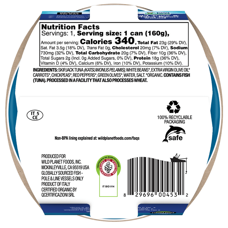 Pack of 12, Wild Planet Wild Tuna & White Bean Salad Ready-To-Eat Meal, 5.6 oz