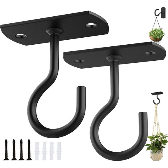 Ceiling Hooks for Hanging Plants 2Pack 2.5in,Wall Plant Hooks for Plants,Lights,Planters,Lanterns,Hanging Bird Feeders,Wind Chimes,Indoor&Outdoor Decoration Black
