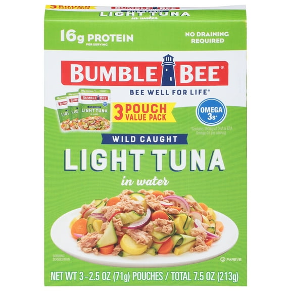 Bumble Bee Chunk Light Tuna in Water, Wild Caught Skipjack Tuna, Gluten Free, 16g Protein per Serving, Shelf Stable Pouch, 2.5oz (Pack of 3)
