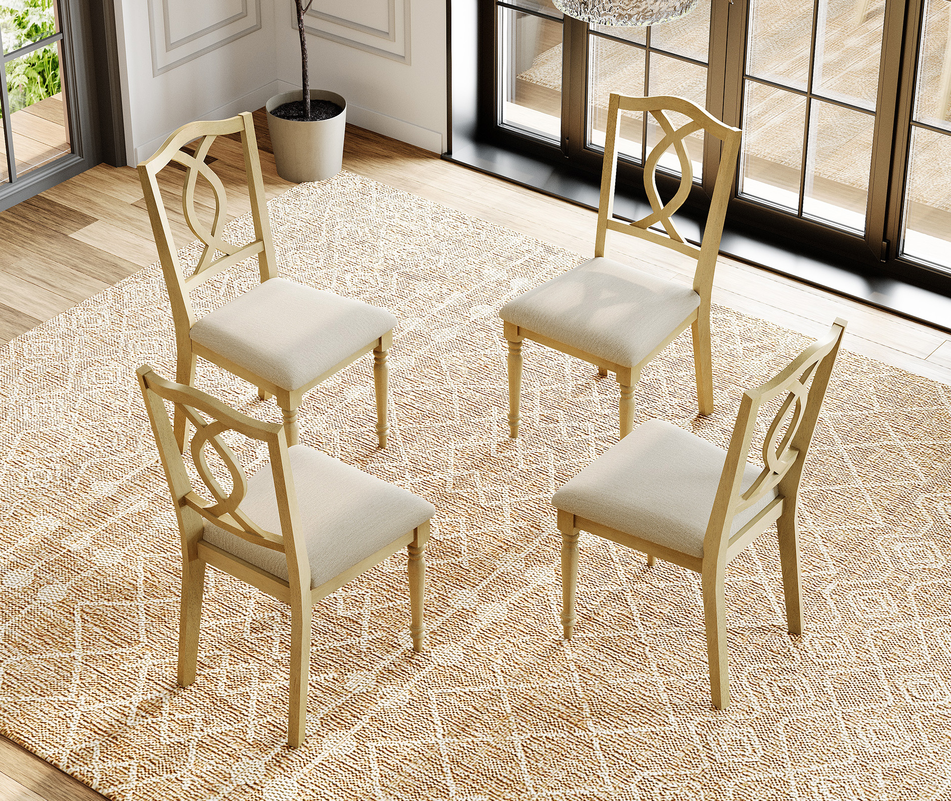 Set of 4 Dining Chairs with Cross-Back & Upholstered Seat, Farmhouse Kitchen Chair with Solid Wood Legs for Dining Room, Oak