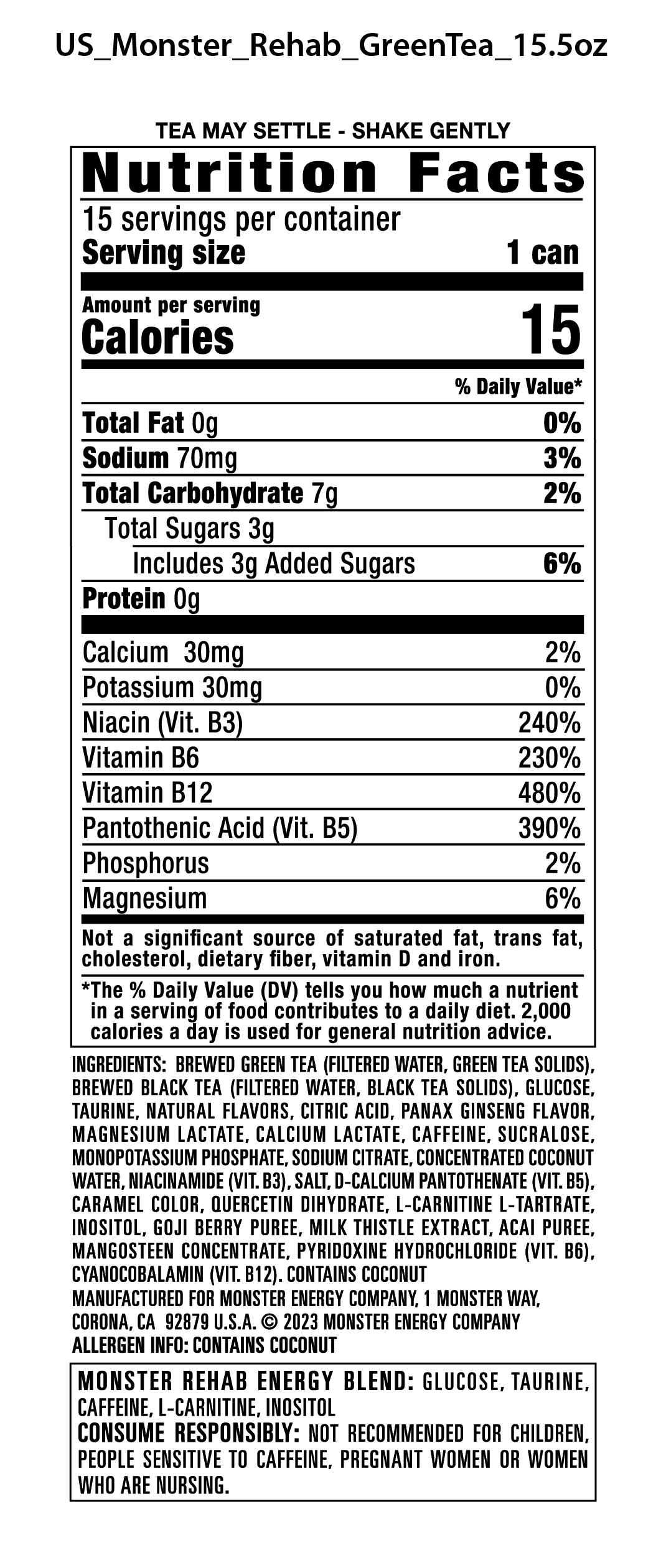 Monster Rehab Green Tea + Energy Drink, 15 Pack - 15.5 fl oz Cans