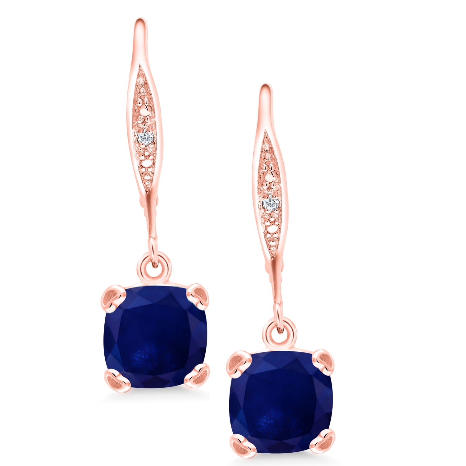 Gem Stone King 18K Rose Gold Plated Silver Blue Sapphire and White Diamond Earrings for Women (4.01 Cttw, Gemstone September Birthstone, Cushion 7MM)