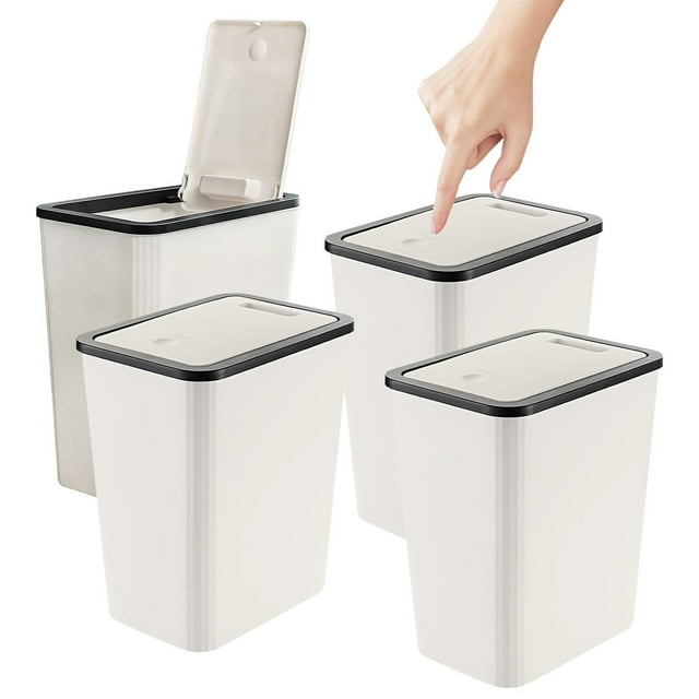 Bote de Basura para Baño con Tapa Juego de 4, 13 L/3.4 Gallon de Basura Cocina, para Baño, Cocina, Despacho, Dormitorio, Aseo, Salón,Cesto de Basura Delgado y Compacto(Beige)
